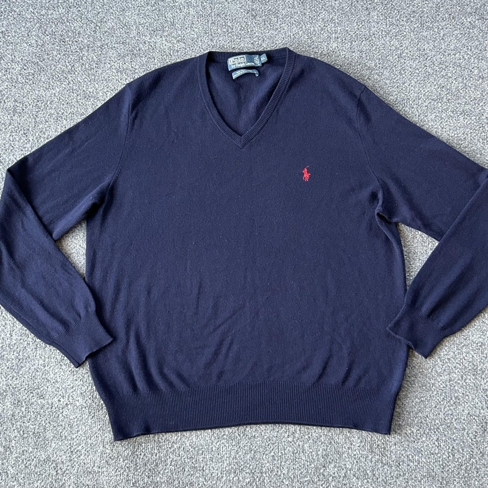 Polo Ralph Lauren Sweater Mens XL Blue Merino Wool‎ V Neck Pullover Knit Vintage